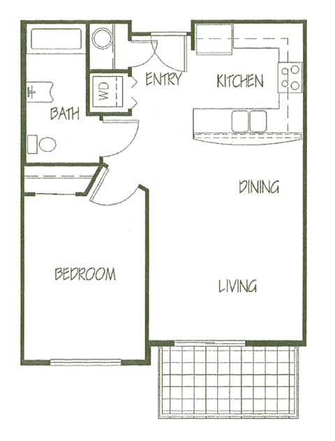 Floor plan for 1 bed, 1 bath, 607 sqft